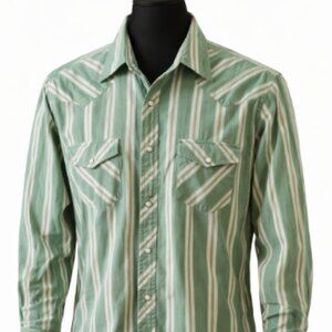 Wrangler Green & White Striped Button-Up Shirt – Men’s Neck 17 – Gently Used